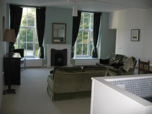 a living room with a couch and a fireplace at Litton Mill Apartment in Tideswell