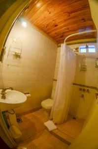 een badkamer met een wastafel, een toilet en een douche bij De Luna in Puerto Pirámides