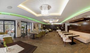 un ristorante con tavoli, sedie e lampadario a braccio di Hotel Bystrá a Snina