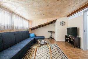 a living room with a blue couch and a tv at Camarinha Oporto Apartments in Porto