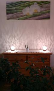 a wooden dresser with two lights on top of it at Haus der Erholung Süd in Krems an der Donau