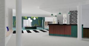 a room with a lobby with a counter and a mirror at ibis Styles Marseille Plan de Campagne in Les-Pennes-Mirabeau