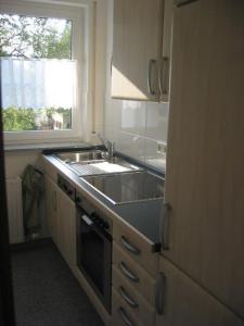 Elle comprend une petite cuisine avec un évier et une fenêtre. dans l'établissement Ferienwohnung Arlberg, à Dalaas