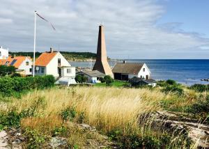 a group of houses and a windmill next to the ocean at Badepensionat Sandloppen in Sandvig