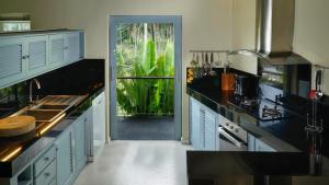 a kitchen with blue cabinets and a large plant at Palm View Villa in Lamai