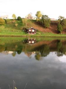a house sitting on a hill next to a lake at Chalet le logis des autre in Vireux-Wallerand
