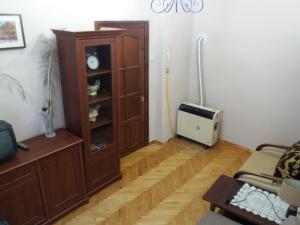 un soggiorno con libreria e TV di Pylnykarska 6 a Lviv
