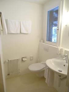 a white bathroom with a toilet and a sink at Hotel Tschuggen in Grindelwald