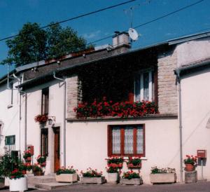 a white house with flowers on the side of it at Maison De Vacances in Blondefontaine