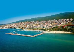 an aerial view of a harbor with a city at Sirena Appartment in Sveti Vlas