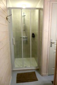 y baño con ducha y puerta de cristal. en Maisonnette (type studio) Indépendante en Montlouis-sur-Loire