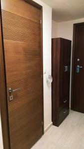 a wooden door in a room with a closet at Decosuite Junior Apartments in Kalabaka