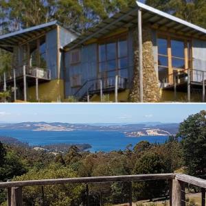 two pictures of a house with a view of the ocean at Peppermint Ridge Retreat in Woodbridge