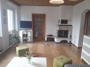 a large living room with a table and a fireplace at Familienhof Müritz in Klein Plasten