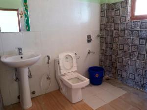 La salle de bains est pourvue de toilettes et d'un lavabo. dans l'établissement Tsomoriri Hotel Lake View, à Karzok Gömpa