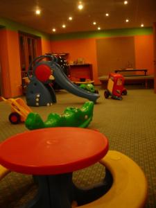 una sala de juegos para niños con un tobogán y un parque infantil en Komforthotel Ahornhof en Lindberg