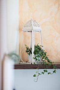 a small white bird cage with a plant on a shelf at Agriturismo AgrileisureTime in Spoleto