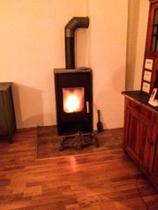 a stove in a room with a fire in it at Appartement Alte Schmiede in Uckerland