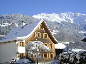 una casa cubierta de nieve con una montaña en el fondo en Villa Familia, en Bartholomäberg