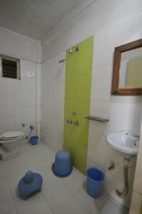 a bathroom with a shower and a toilet and a sink at Hotel Madhava in Shirdi