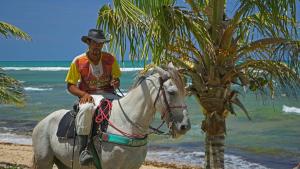 um homem montado num cavalo branco na praia em Porto da Lua Boutique Hotel na Praia do Forte