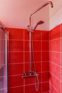 ducha de azulejos rojos con cabezal de ducha en Apartmani Nikola, en Plano