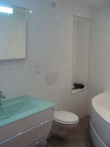 a white bathroom with a toilet and a sink at VIP Apartment Baden-Baden in Baden-Baden