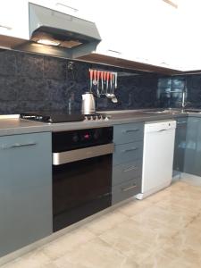 - une cuisine équipée d'un four avec plaques de cuisson en noir et blanc dans l'établissement Apartment Trstenik, à Split