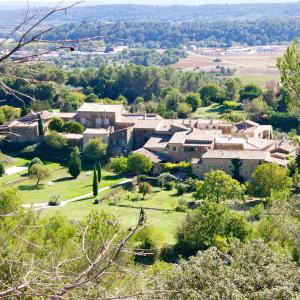 an aerial view of a village with trees and buildings at Mas la Buissonniere in Aigaliers