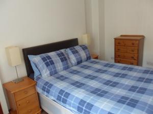 una camera con un letto a scacchi blu e bianco di The Exeter a Glasgow