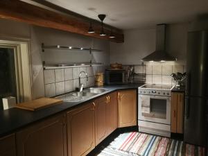 a kitchen with a sink and a stove at Bjärkeryd Södergård Bed & Stable in Kisa