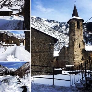 quatro imagens diferentes de uma igreja na neve em La Perxada de Besolí em Areu