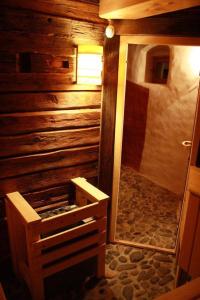 ein Badezimmer mit einer Dusche in einer Holzhütte in der Unterkunft Bruggerhaus in Schöder