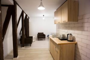 トルンにあるNiebiański Apartamentのキッチン(木製キャビネット、カウンタートップ付)