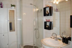モンタルジにあるOlivier et Céciliaのバスルーム(ガラス張りのシャワー、シンク付)