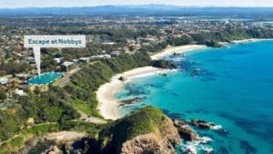 an aerial view of a beach and the ocean at Escape At Nobbys Executive Townhouse 1 74 Pacific Drive in Port Macquarie