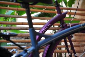 uma bicicleta roxa estacionada ao lado de uma cerca de madeira em Pousada da Sesmaria em São Sebastião