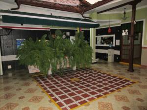 a lobby with potted plants on a tile floor at Hotel Don Juan in Buga