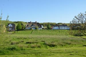 ein grünes Feld mit Häusern im Hintergrund in der Unterkunft Reethaus Zickersche Berge - Apt. 01 in Gager