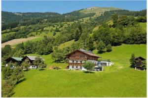 ein großes Haus auf einem grünen Hügel auf einem Feld in der Unterkunft Appartements Hartlbauer in Dorfgastein