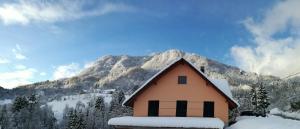 a house in the snow with a mountain in the background at Apartments Laznica in Cerkno