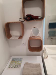 een kleine badkamer met een camera en een wastafel bij Le Charleston 3p 5 minutes Disney Parking gratuit Terrasse in Chessy +41 foto's
