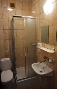 uma casa de banho com um chuveiro, um WC e um lavatório. em Pod Szczęśliwą Gwiazdą em Cekanowo
