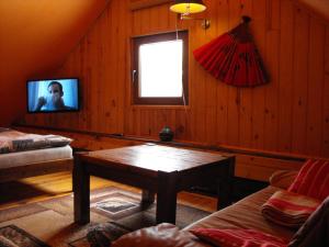 a living room with a tv and a table in it at Agroturystyka Zacisze Czarna Owca in Brzeżanka