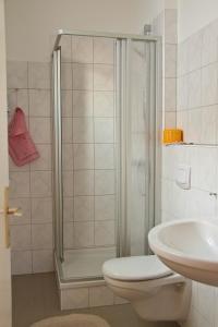 y baño con ducha, aseo y lavamanos. en Havergoh Wander- & Fahrrad-Hotel, en Horn-Bad Meinberg