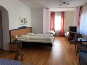 ein Schlafzimmer mit einem Bett, einem TV und einem Sofa in der Unterkunft Hotel Gäubodenhof in Straubing