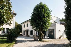 une maison blanche avec un arbre en face dans l'établissement Casa Lunia Guesthouse, à Mestre