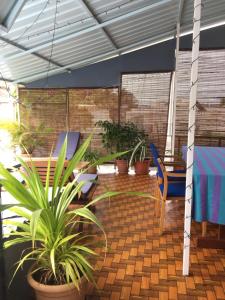 eine Terrasse mit Topfpflanzen sowie einem Tisch und Stühlen in der Unterkunft Lotus Apartments in Pereybere