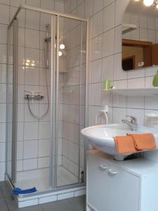 La salle de bains est pourvue d'une douche et d'un lavabo. dans l'établissement Ferienwohnung Sandhoege, à Börger