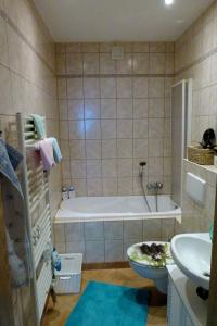 ein Badezimmer mit einer Badewanne, einem WC und einem Waschbecken in der Unterkunft Ferienwohnung KaRo in Ellefeld